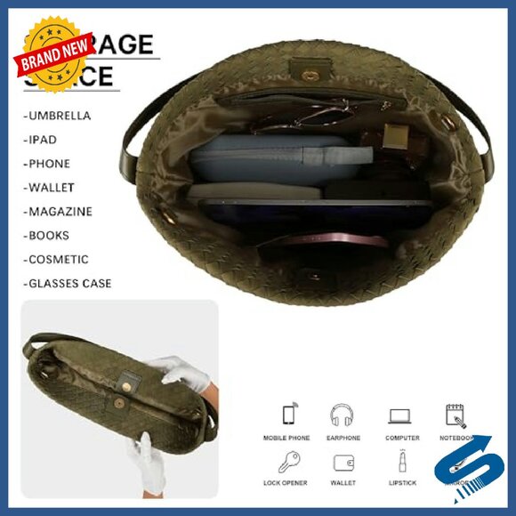 Woven Suede Tote Bag with Top Handle, Fits 13-Inch Laptop, Vegan Leather Hobo - Picture 6 of 8